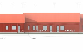 Fasad mot Öster Ritning av östra fasaden av byggprojektet vid kv. Backen 7