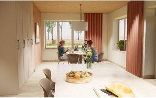 Illustrationsbild: Accent Arkitekter Familj sitter vid köksbordet och njuter av en måltid tillsammans